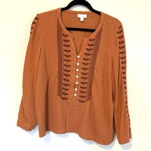 J. Jill Terracotta Blouse with Embroidered Detail